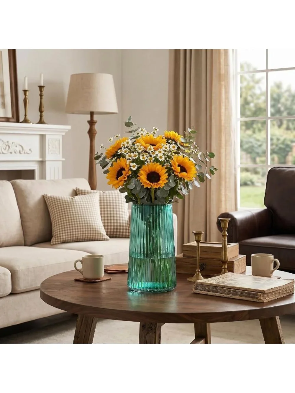 8 Inches Modern Green Glass Vase Flower Bouquet Living Room Bedroom Home Deco